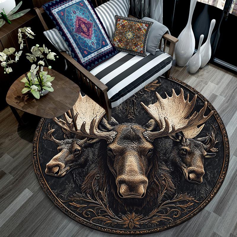 Moose Round Area Rug,Carpet Rug for Living Room Bedroom Sofa Playroom Decor,Non-slip Floor Mat