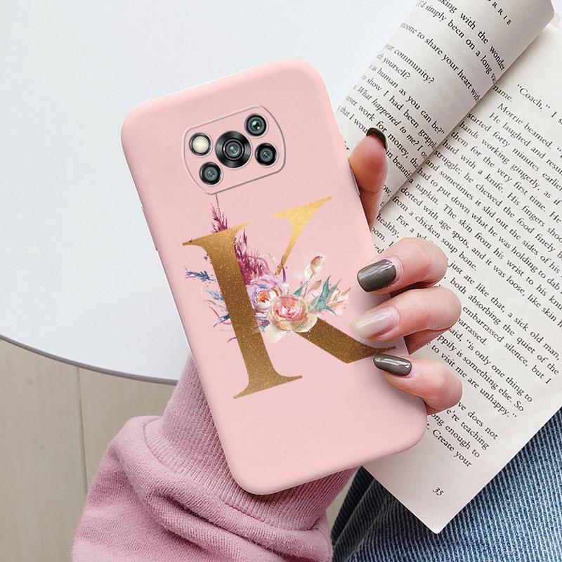 Letter Case For Poco X3 NFC PocoX3 Pro Back Cover Retro Flowers Pink Black Soft TPU Initial Fundas For Xiaomi Poco X 3 Pro Coque