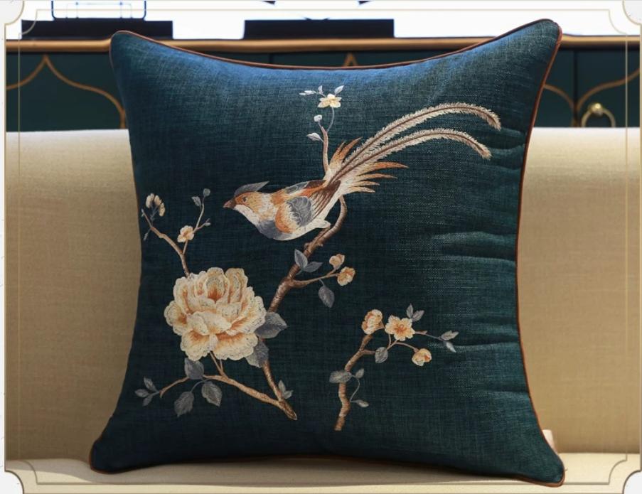 Chinese Style Embroidery Throw Pillow Cover Yellow Linen Cushion Cover with Peony & Bird Pattern for Sofa Home Decor