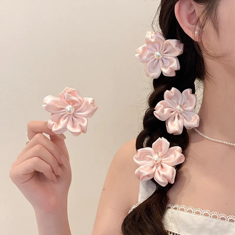 New Fashion Satin Pink Flower Hair Clamps Korean Imitation Pearl Side Hairpins Barrettes For Women Cute Hair Accessories