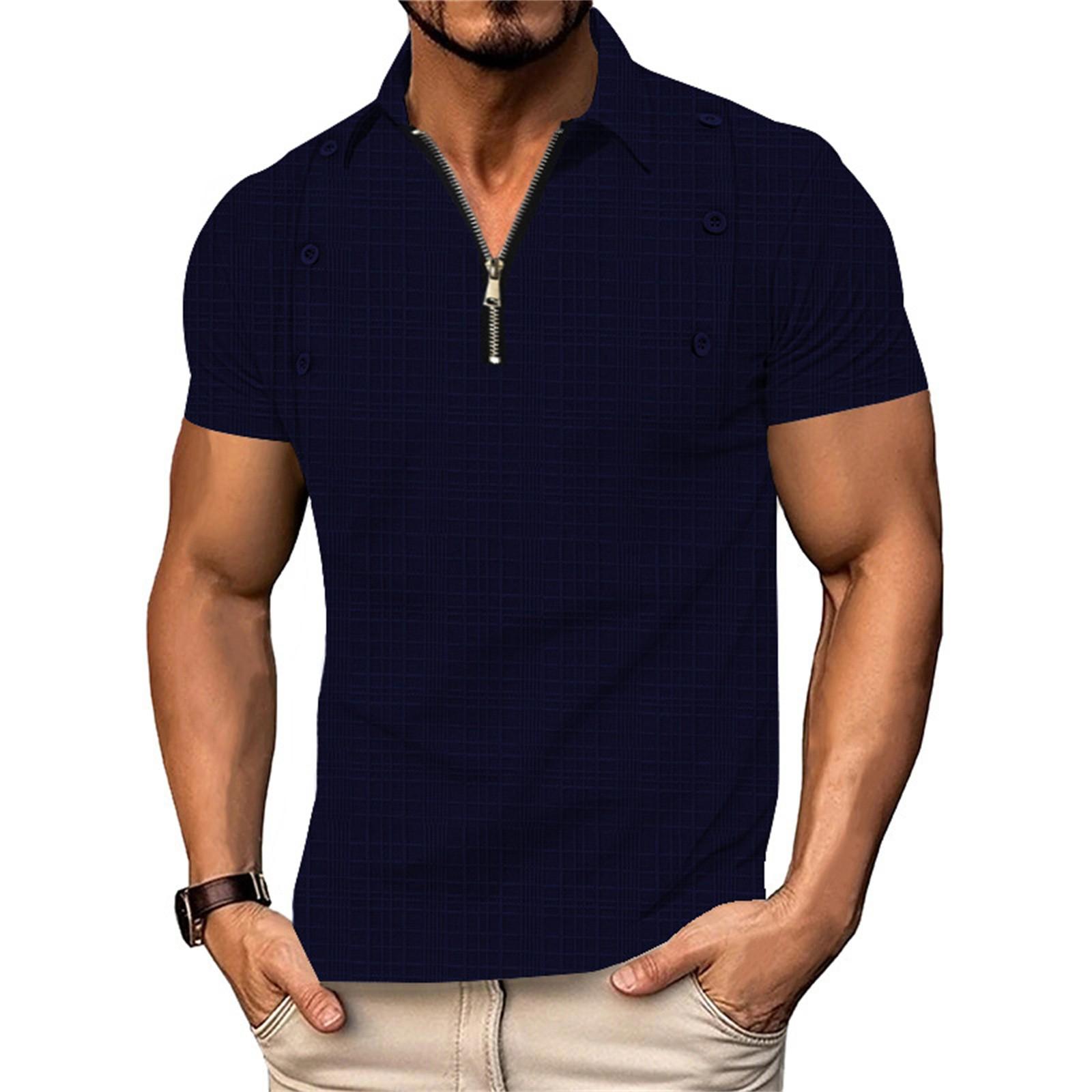 Men s Casual Small Checkered Short-sleeved Shirt With A One-third Zipper Lapel L
