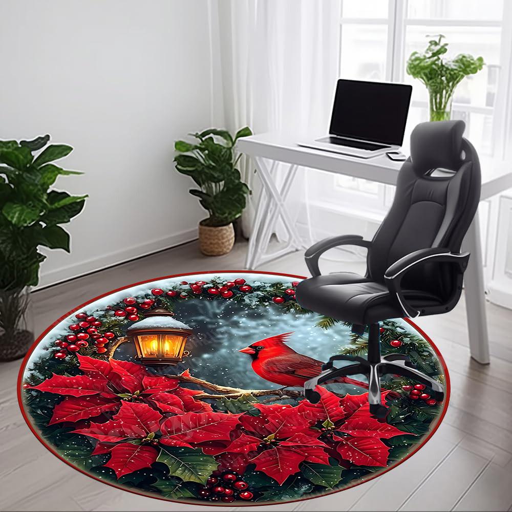 1pc Christmas Cardinal Poinsettia Chair Carpet for Office, Round Non Slip Durable Large Size Office Carpet, Suitable for Office