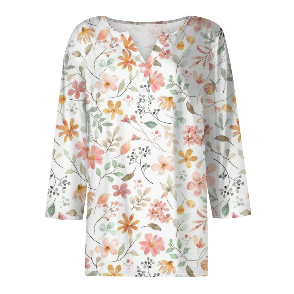 Women's T Shirt Tee Print Button 3/4 Sleeve Daily Weekend Fashion Basic V- Neck Regular Top