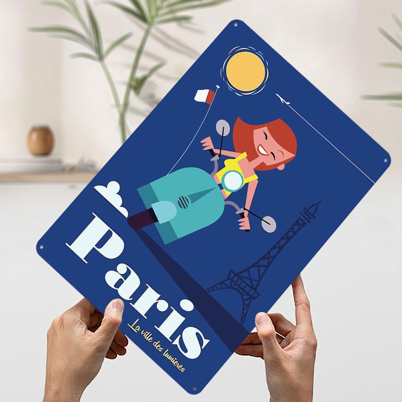 

Paris Travel With Scooter Poster Customized Wall Art Vintage Metal Signs Retro Tin Plaque for Man Cave Room Decor Men Wand Deko 7.9x11.8In(20x30cm)