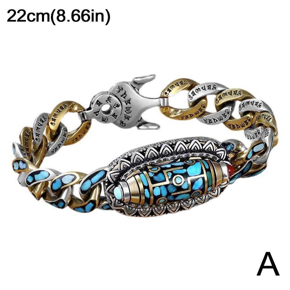 Turquoise Six-character Mantra Nine-eyed Dzi Bead Bracelet, Style W Tibetan H6I0