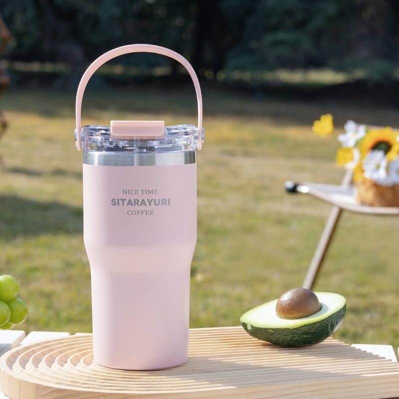JUSTINLAU 600/900ml Insulated Cups Stainless Steel Thermos Cup with Handle & Straw Outdoor Travel Water Bottle Car Ice Tumbler