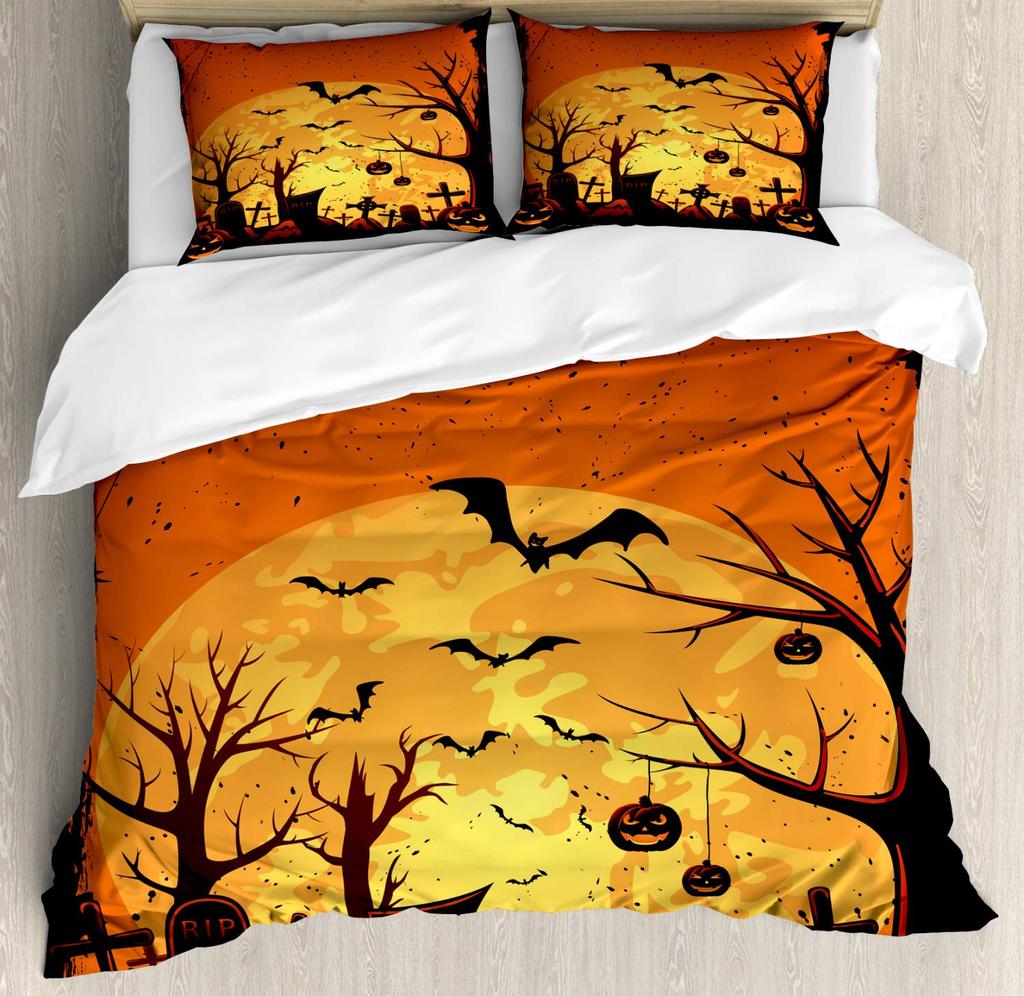 Halloween Duvet Cover Set, Spooky Carved Halloween Pumpkin Lantern Bat Bedding Set Single Twin Full Queen King Comforter Cover
