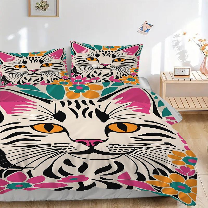 

3PCs Cat Floral Print Design Cover Set, Breathable Fabric, Machine Washable (1 Duvet Cover + 2 Pillowcases) (Without Quilt) yy250911156 135x200cm
