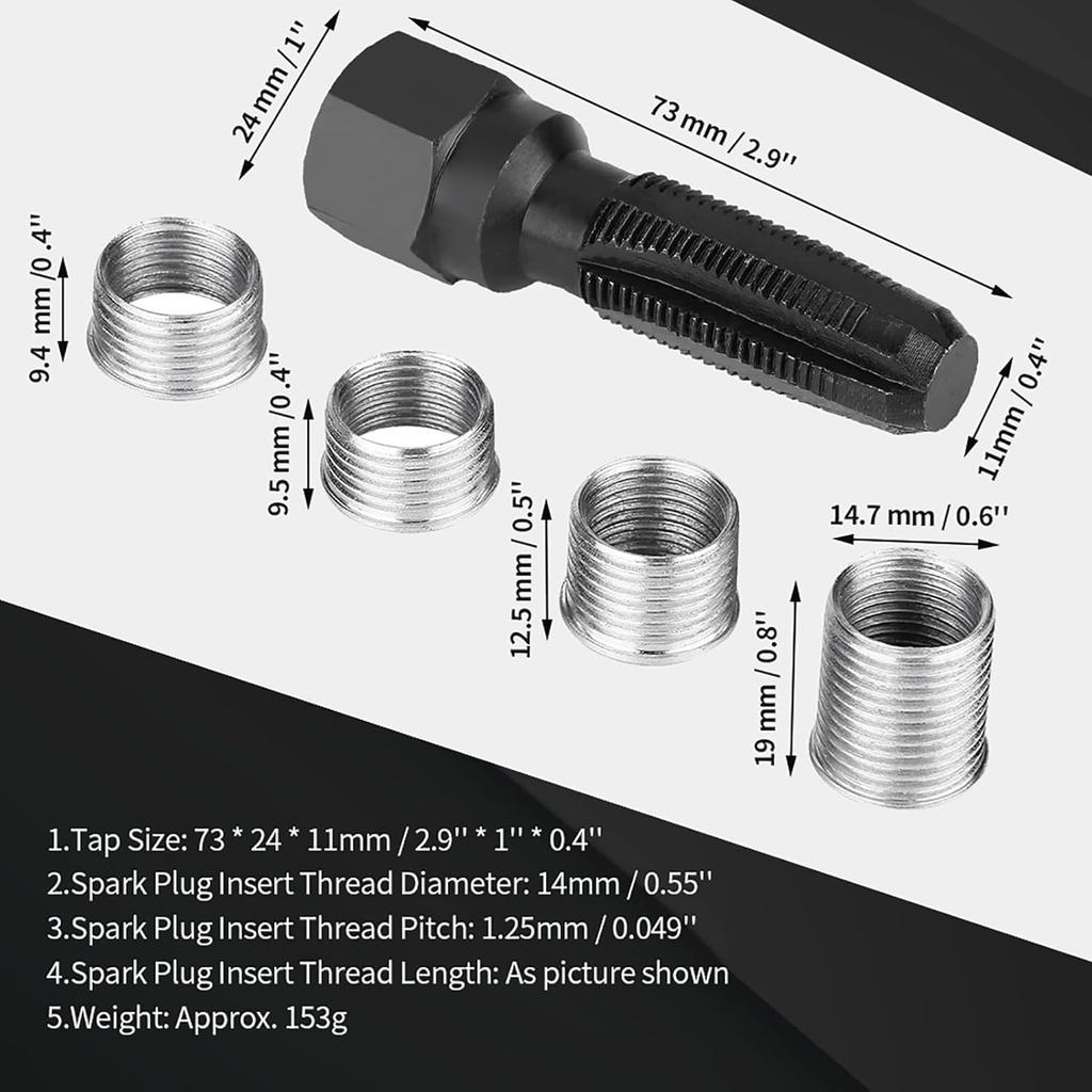 Milltrip 5Pcs Carbon Steel Sparks Plug Thread Repair Kit - 14mm Re-thread Tap Tool with 4 Inserts, Professional Cylinder Head Rethreading Tools for