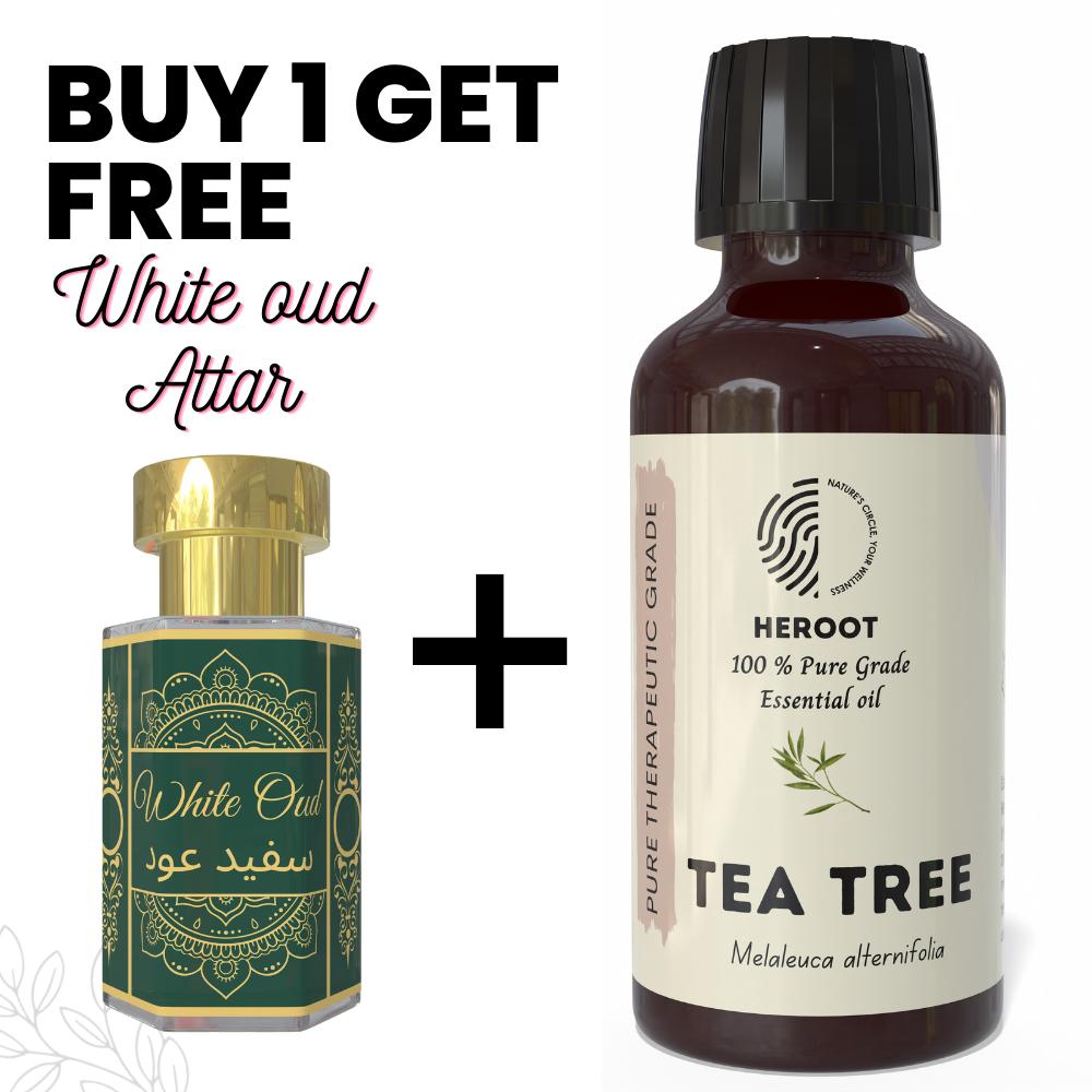 Tea Tree Essential Oil 10ml for Aromatherapy & Home Fragrance Get 1 Free 6 Ml Attar – Aqua AQ, Dubai Oud, Aura, White Oud