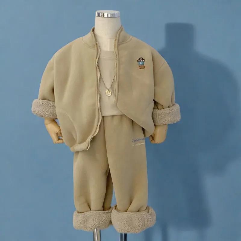 Boys Plus Velvet Thick Jacket Winter Children's Clothing Polar Fleece Children's Baby Warm Jacket Trousers Two-piece Suit