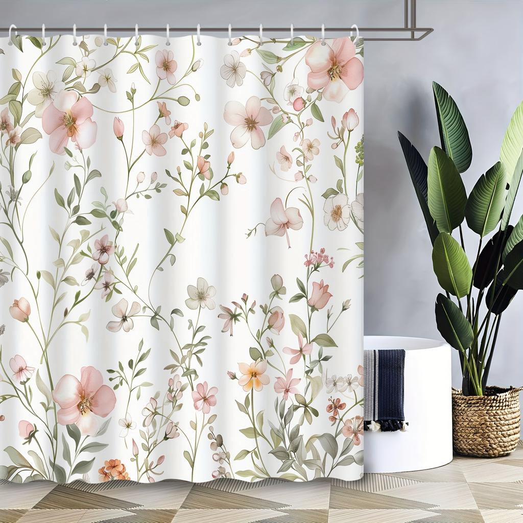 Pink Floral Tropical Shower Curtain - French Country Cottage Style, Waterproof, Hotel & Apartment Bathroom Decor"