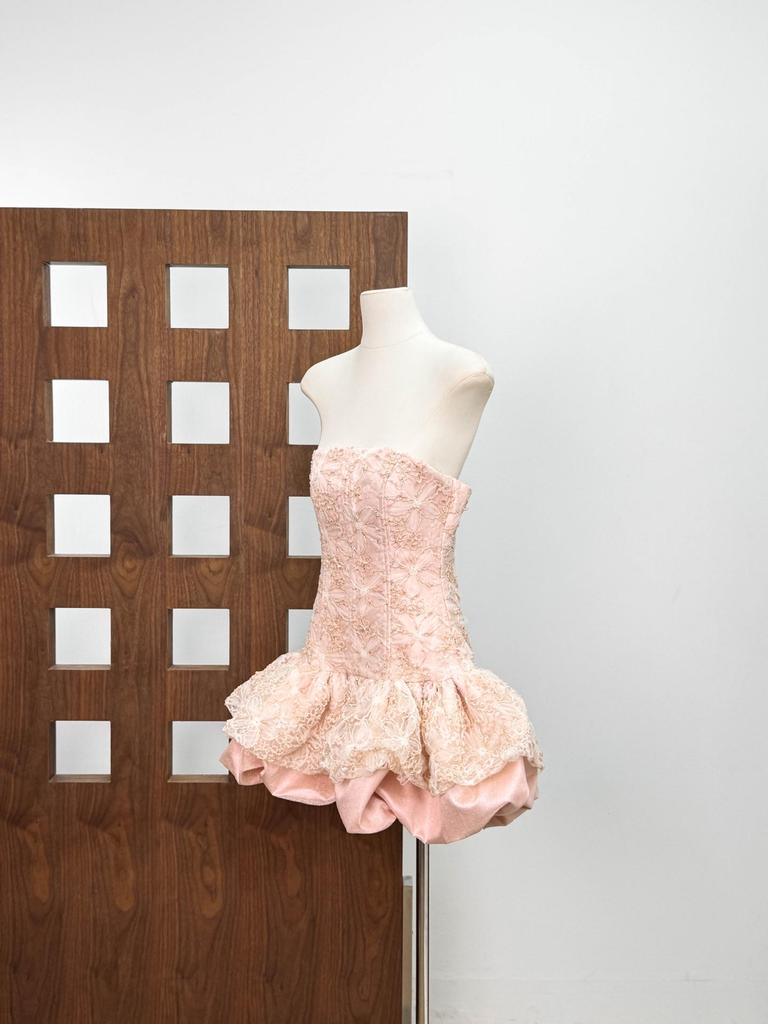 Vietnamese Cherry Blossom Pink Lace Strapless Princess Dress - Adult Birthday Gift