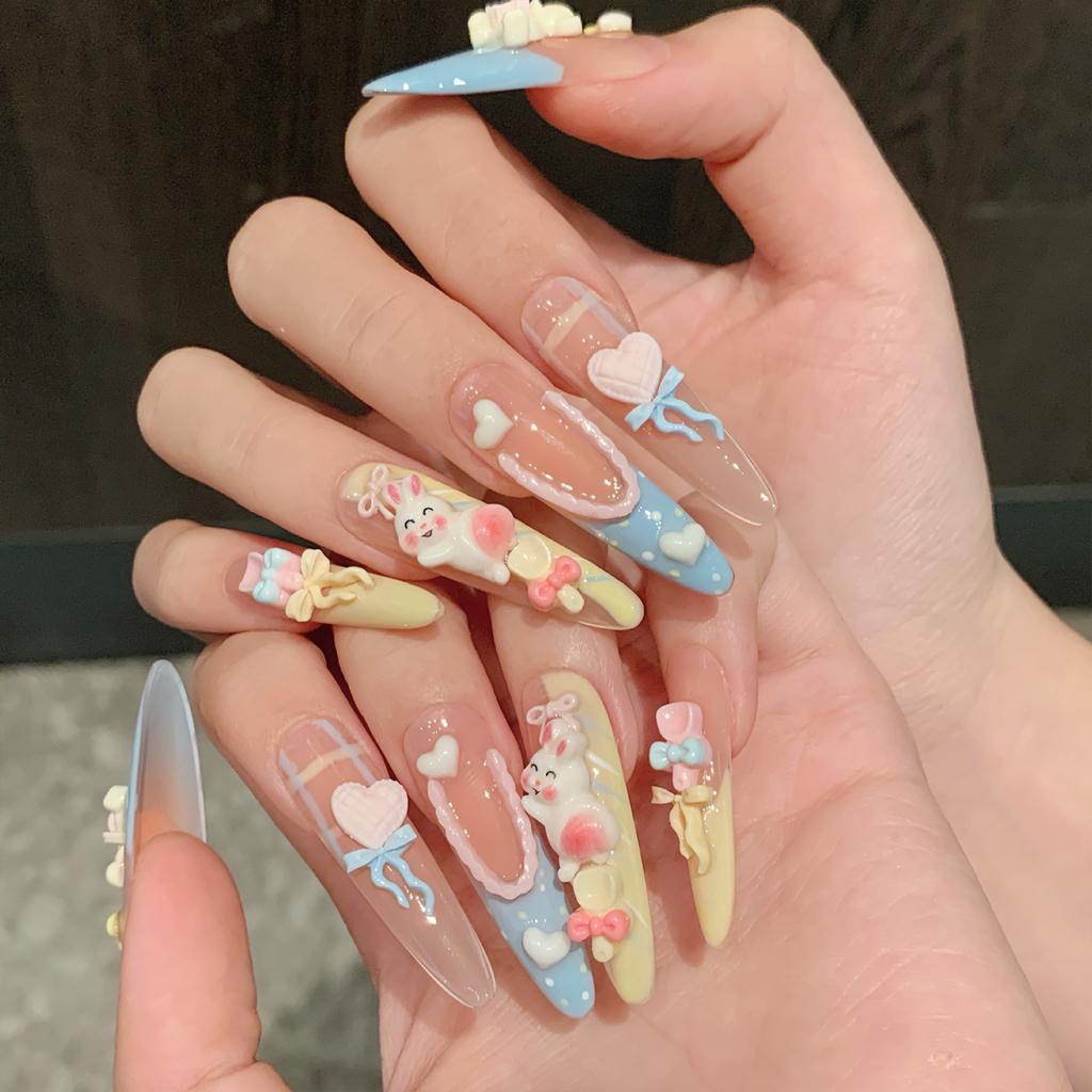 Pink Long Fake Nails with Blue Yellow Tip with Not Easy Break or Split Design for Shopping Traveling Dating