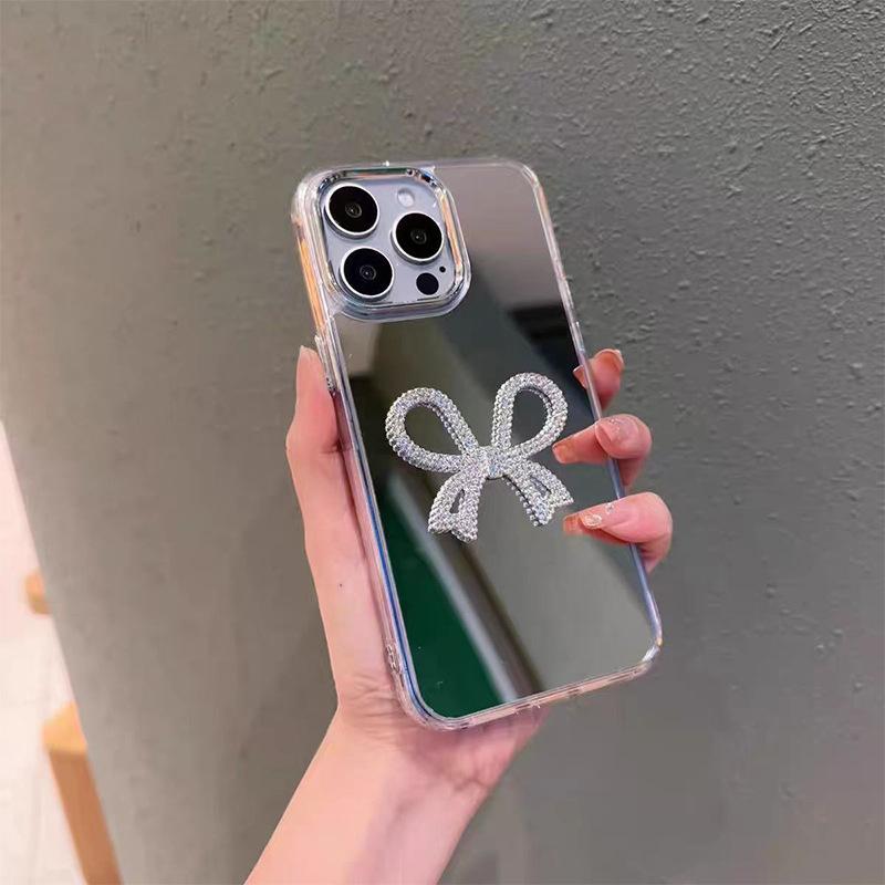 Mirror Mobile Phone Case Is Suitable For Apple 17Promax Rhinestone Love Bow Iphone14 Makeup Mirror 13.