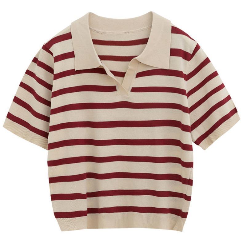 Klasický polo límeček s krátkým rukávem pruhovaný pletený top