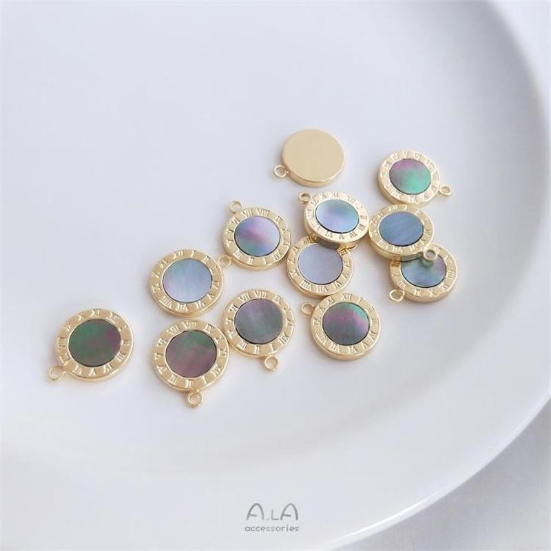 14K Gold-Filled Roman Numeral Disc Pendant with Inlaid Natural Grey Mother-of-Pearl Chain Necklace/Bracelet Charm