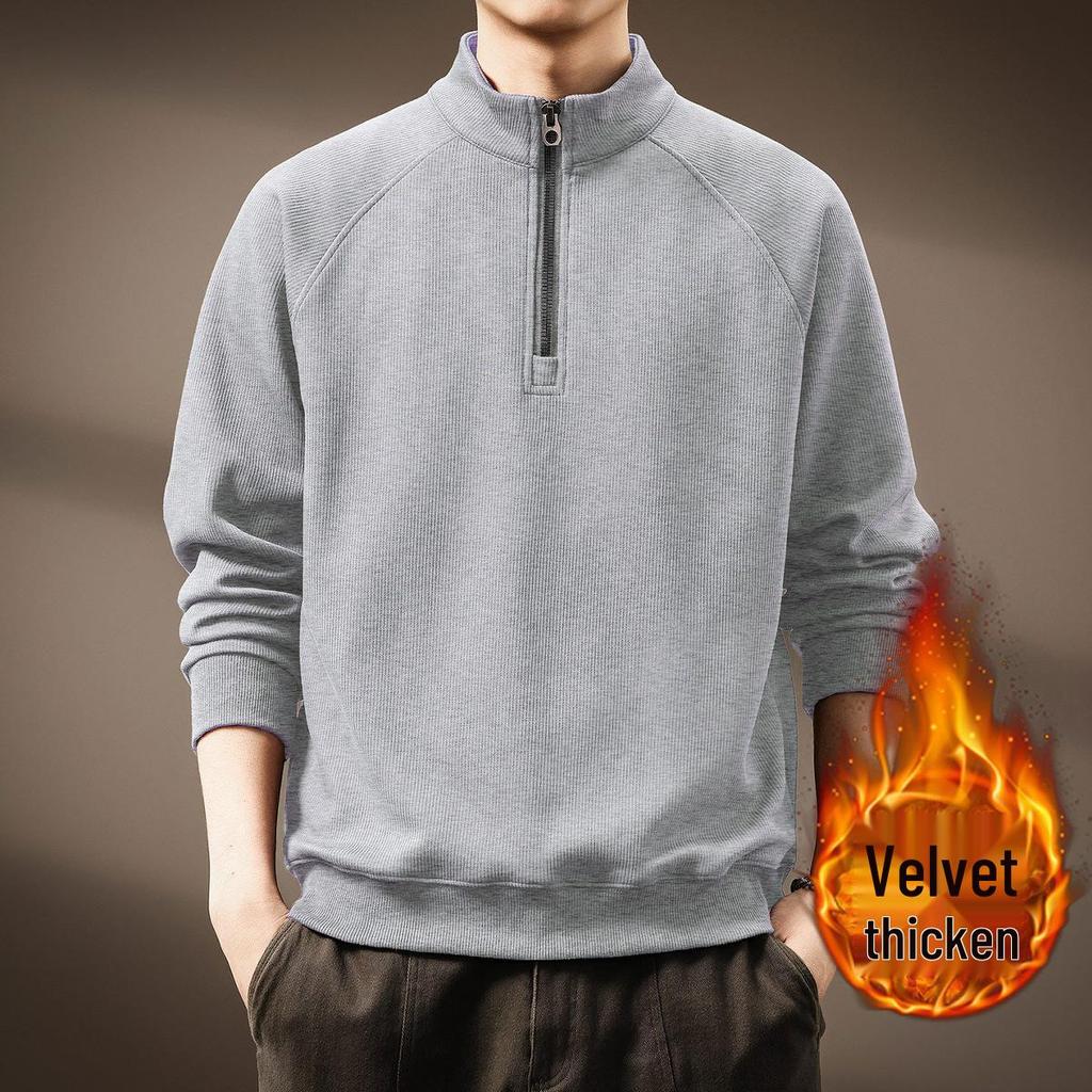 Men's Retro Half-Zip Heavyweight Hoodie - Winter Velvet, Loose Fit, Stand Collar, Large Size.