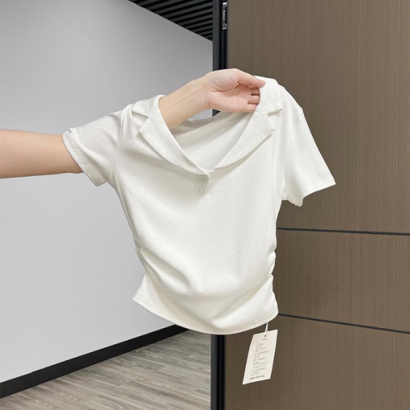 

Женская рубашка поло 2025 года с V-образным вырезом, приталенного силуэта, молочно-желтого цвета, с отложным воротником и рукавами до локтя Small белый