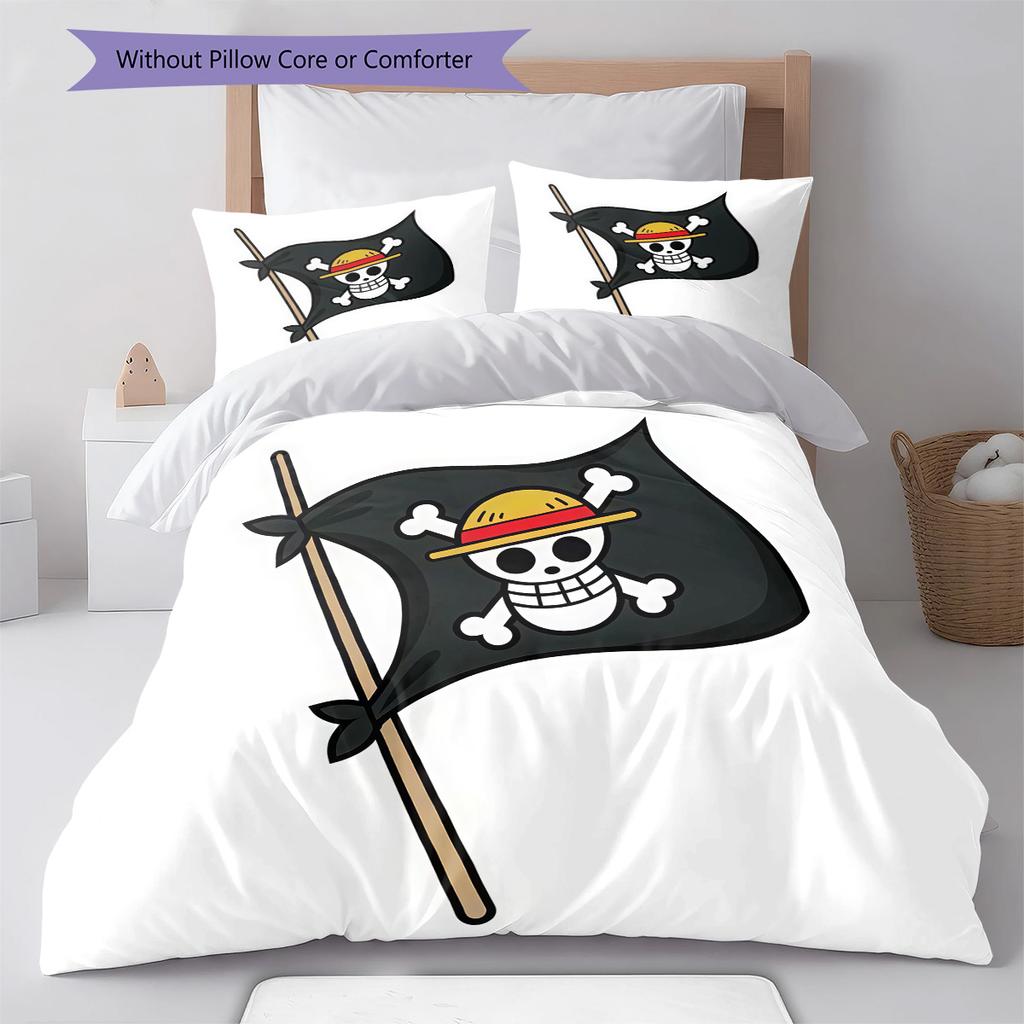 One Piece Straw Hat Pirates Pattern Bedding Quilt Set Quilt Cover Pillowcase Home Birthday Gift(1 * Duvet Cover + 2 * Pillowcase, Without Core)