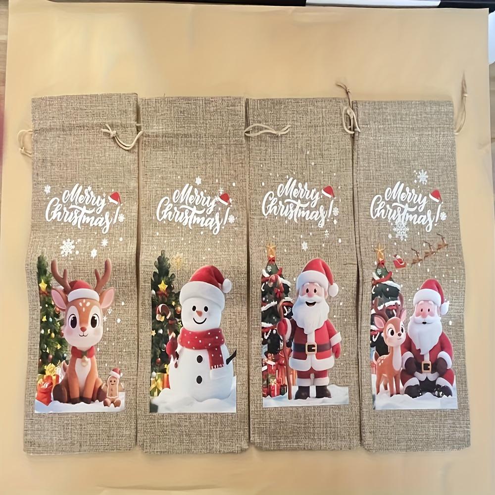 4/8pcs Christmas Wine Bottle Bags with Drawstring Burlap Reusable Fabric Gift Bags with Blank Labels and Rope Suitable Christmas
