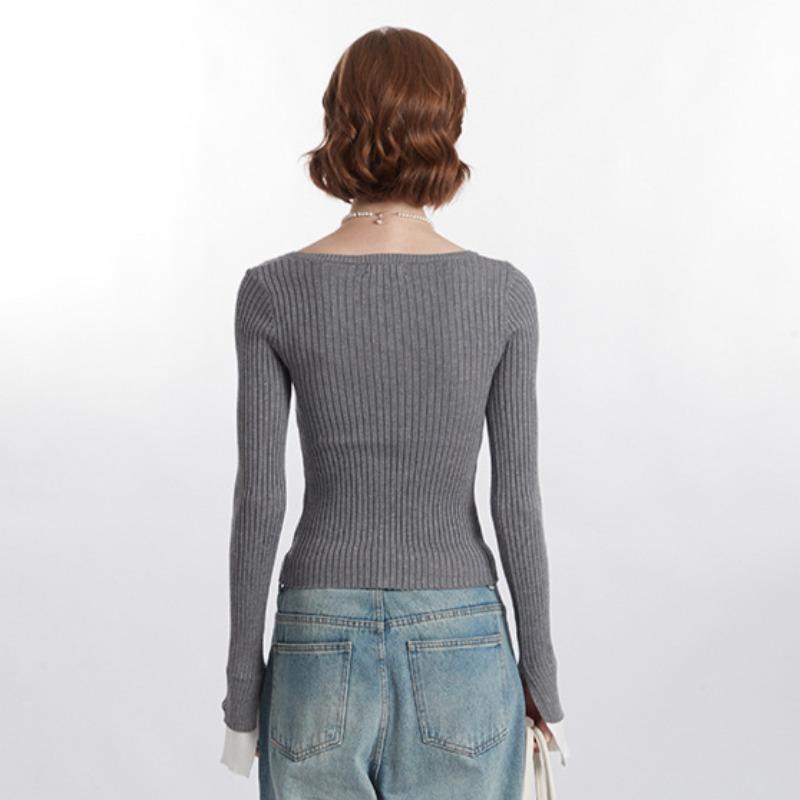 Spring and Summer Women's New Pullover Solid Color Casual Simple Long Sleeve Square Collar Short Slim-fit Sweater