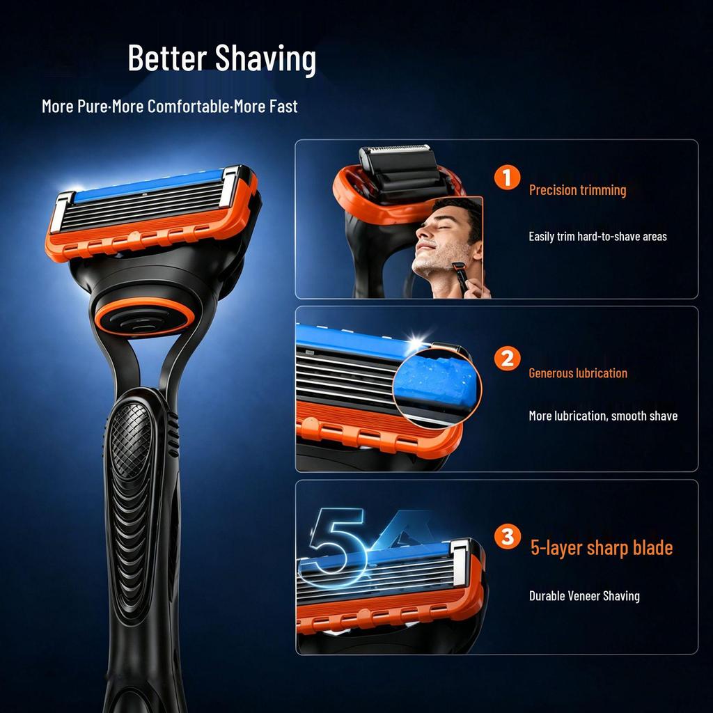 Men's Orange-Blue Five-Layer Razor, Universal Blade, Full Body Washable, Portable Trimmer