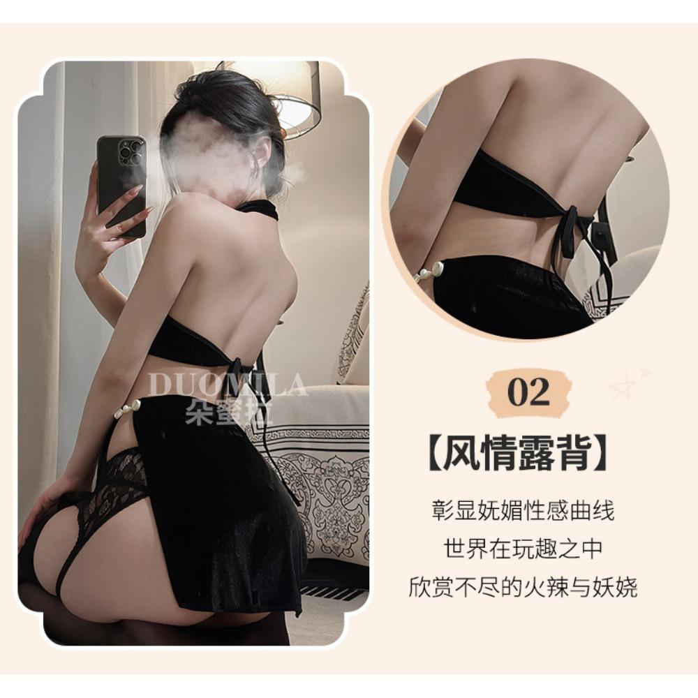 Domila Plum Blossom Embroidery Chest High Slit Cheongsam Sex Underwear Sexy Naked Back Large Size Set F719