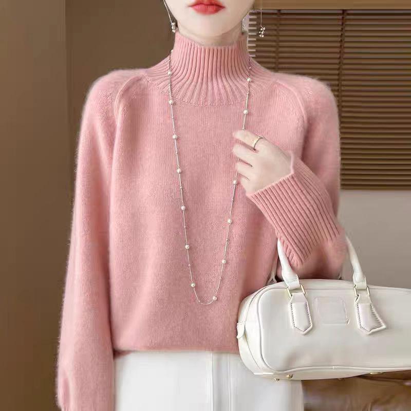 WTEMPO Autumn and Winter Semi High Neck Sweater Loose Knitted Top and Pullover Knit Sweater