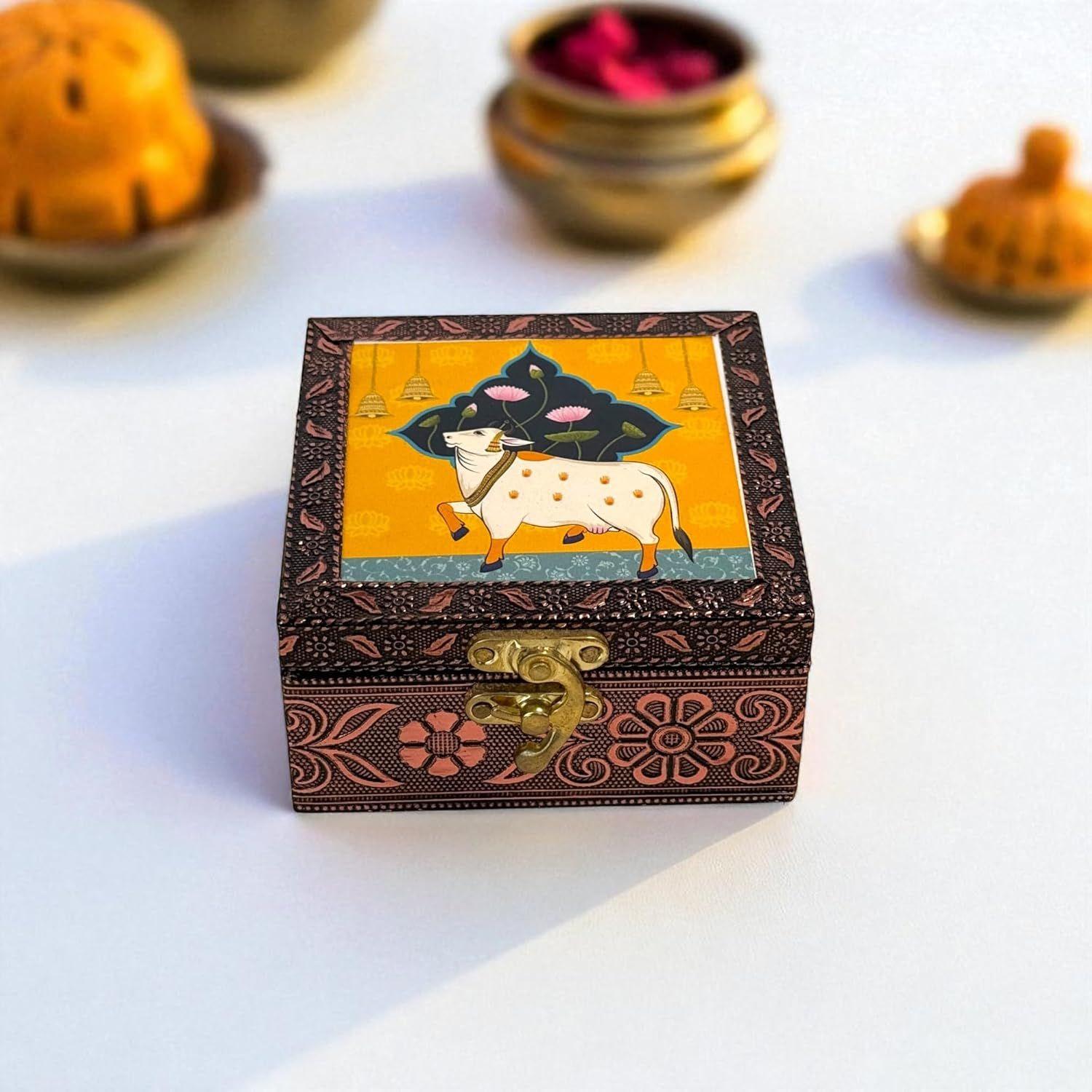 

Handmade Wooden Pichwai Design Jewellery Box with Lock – Oxidised Finish, 4x4 Inch Organizer for Earrings, Rings, Necklace