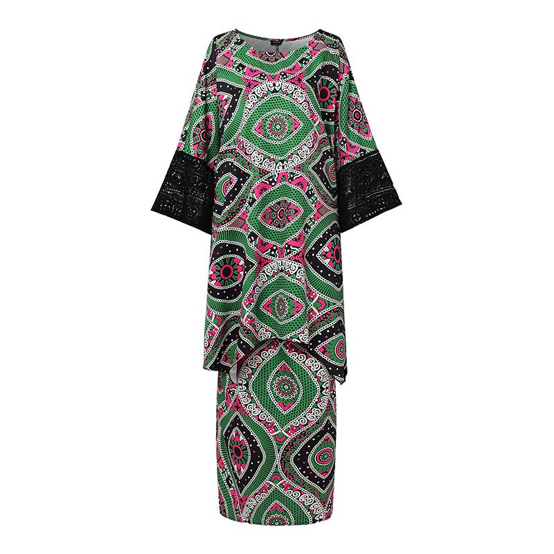 2PCS Women Oversized Lace Batwing Sleeve Long Tops and Skirts Floral Print Sets Two Picecs