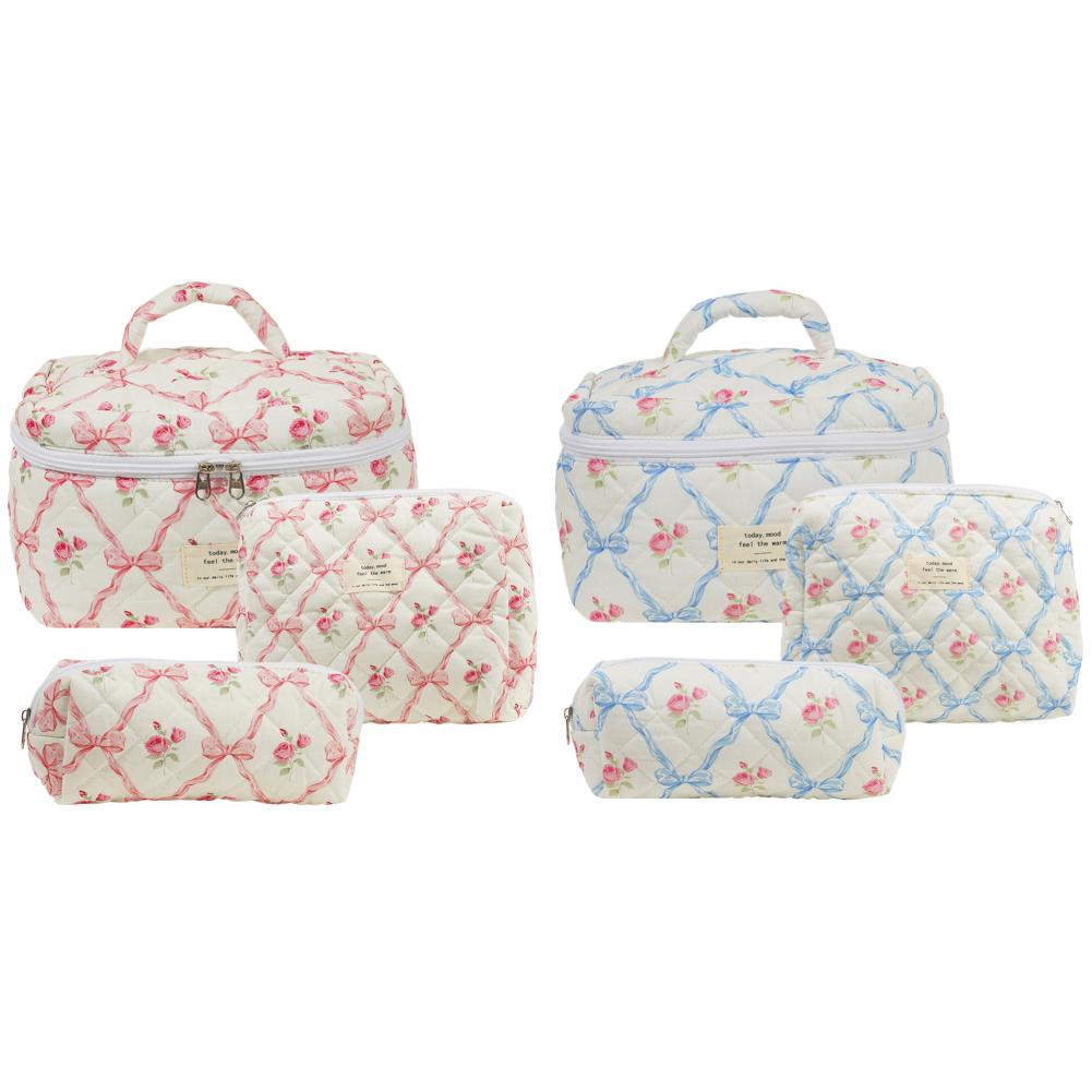 

T0# 3Pcs Cotton Floral Makeup Bag Set Quilted Cosmetic Bag Aesthetic for Women(P