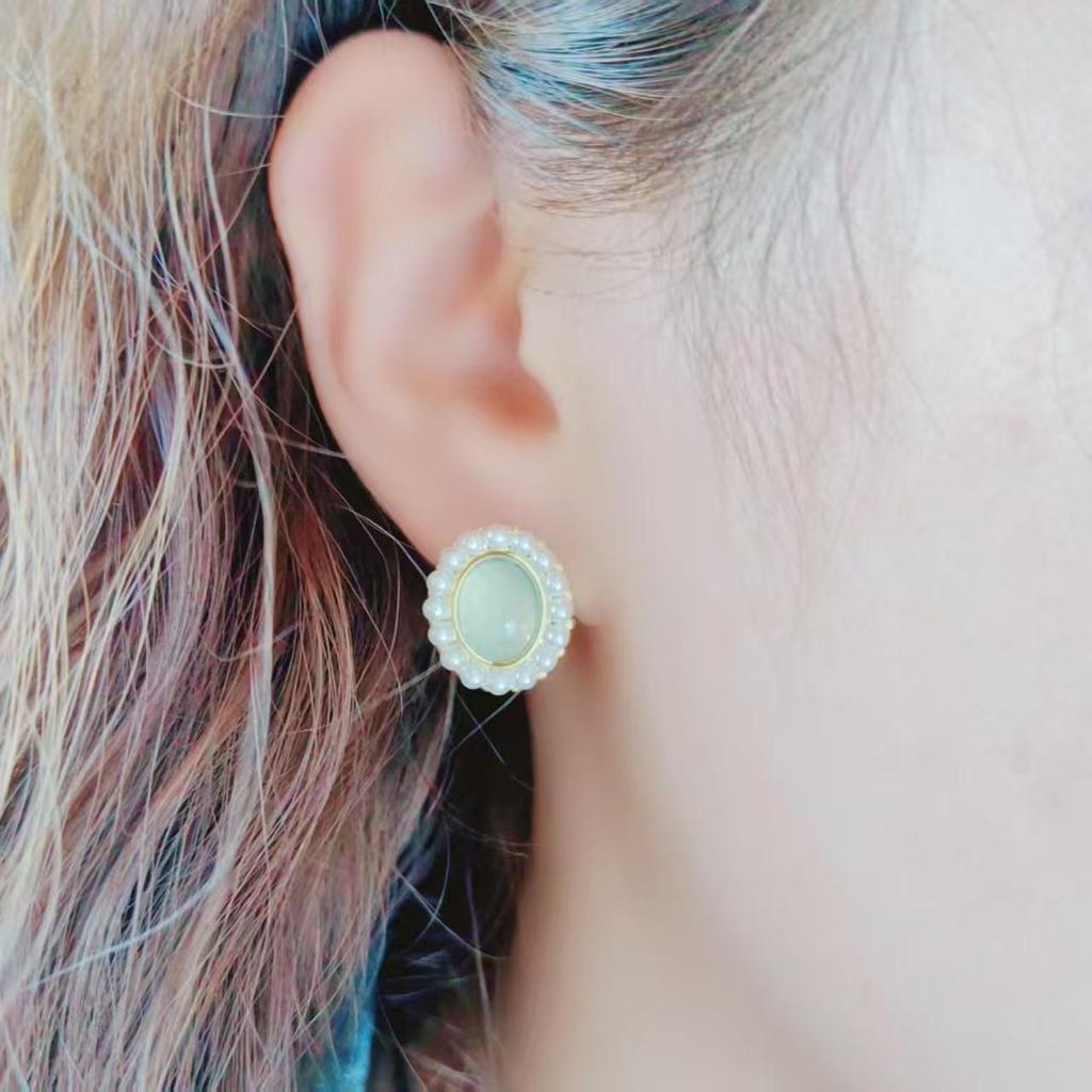 Ballet Manor: French Romantic Blue Cat's Eye Stone Pearl Stud Earrings