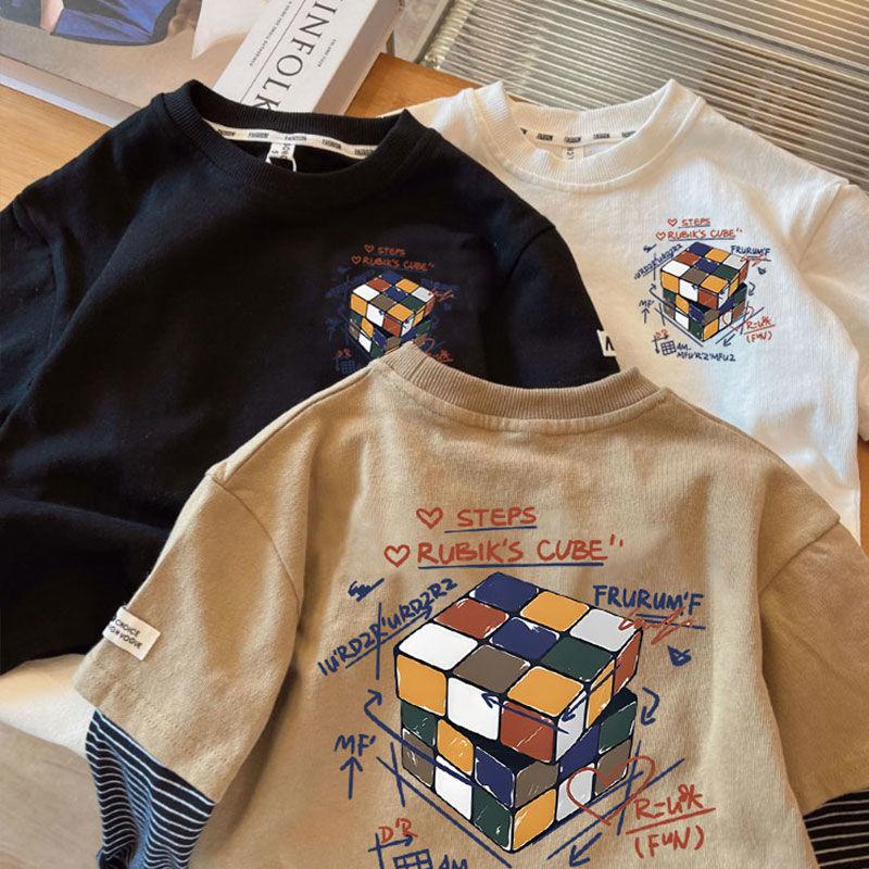 Korean Autumn Kid Boy Fake Two Piece Top Graffiti Striped Long Sleeve Babys Boy Shirt Casual Round Collar Toddler Boy Undershirt 120