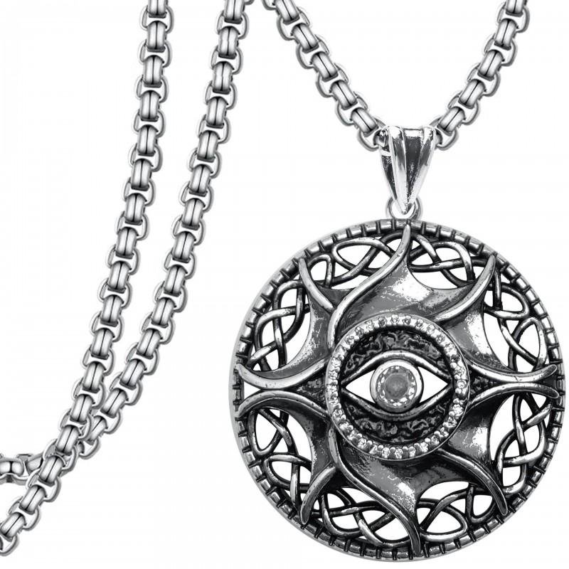 Vintage Evil Eye Pendant Necklace With Rhinestones Copper Geometric Charm On Pearl Chain Retro Boho Jewelry Daily Wear KNN-1269