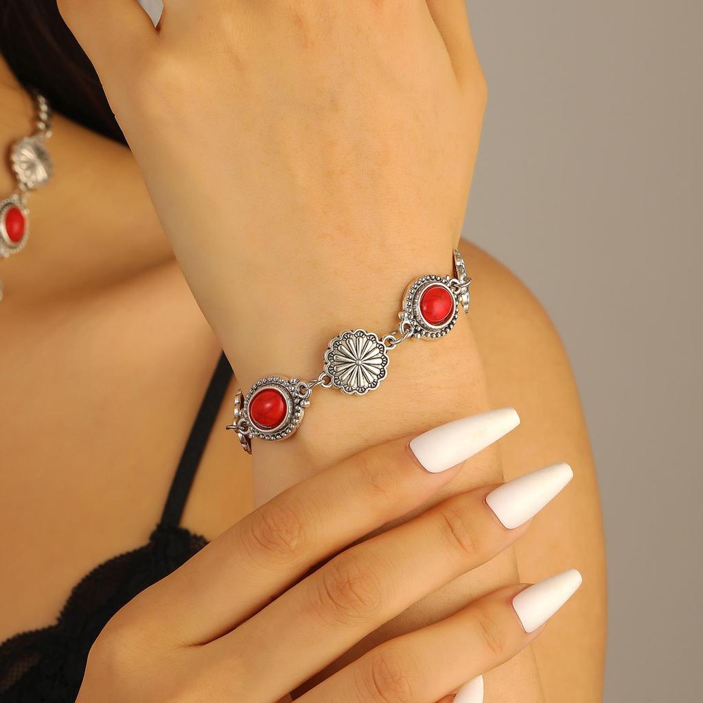 Retro Bohemian Ethnic Jewelry Set: Oval Floral Turquoise Necklace, Bracelet & Ring