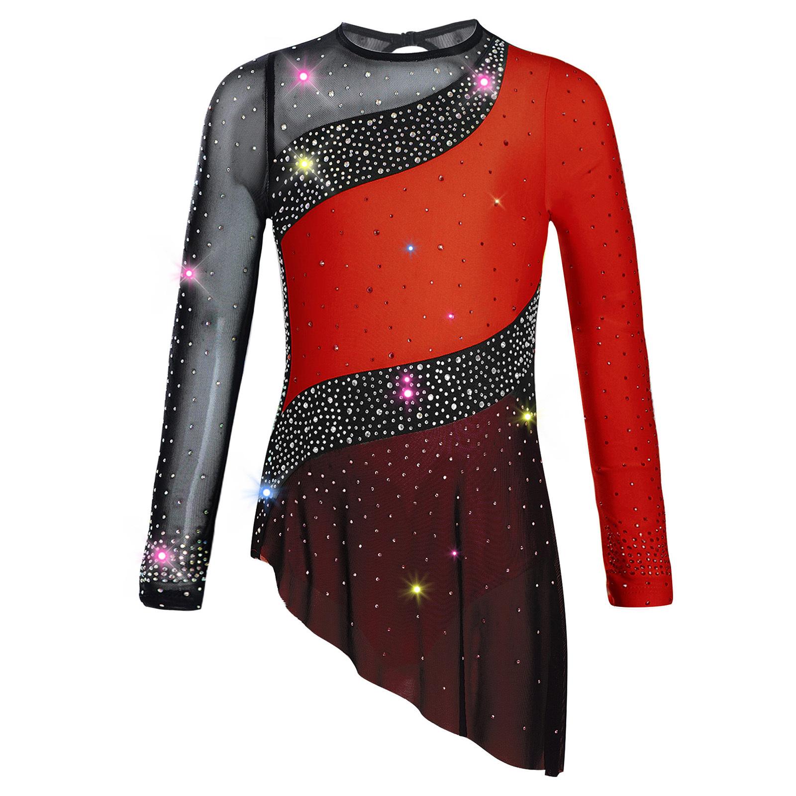 

Girls Long Sleeve Sparkly Rhinestones Color Block Leotard Rhythmic Gymnastics Performance Costume 15-16 Years червоний