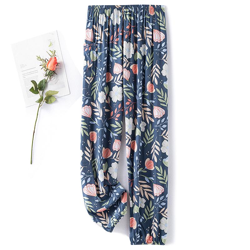 Dámské letní bavlněno-hedvábné pyžamové kalhoty: Lehký, Odolný proti komárům, Volný střih, Elastický kotník, Na pláž nebo na doma.