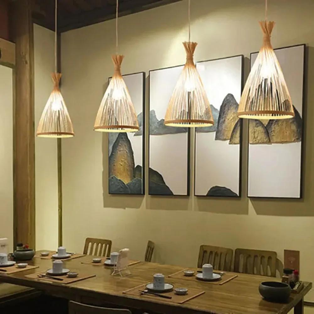 1/2PCS Bamboo Chandeliers Wood Base Lighting Interior Classical Hand Woven Bamboo Pendant Light Fixture Vintage Pendant Lamp