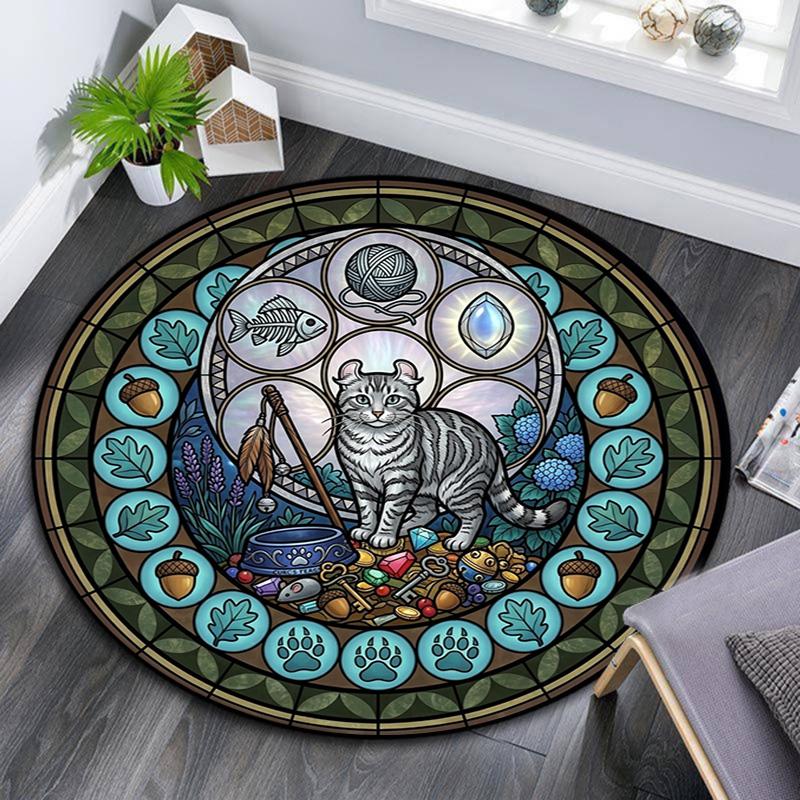 Glass Cat Mandala Round Area Rug Under Office Chairs Bedroom Living Room Home Decor