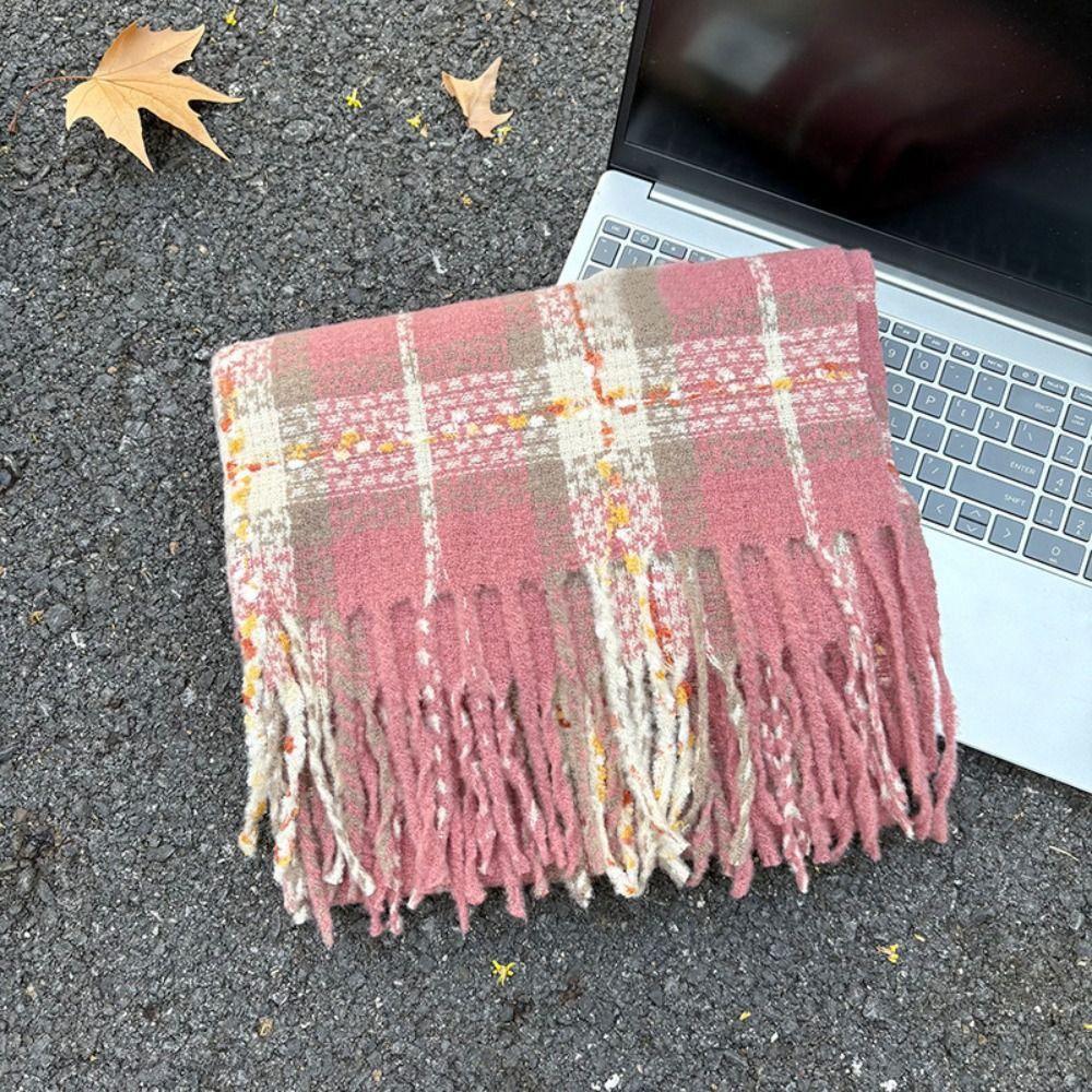 Mohair Winter Cashmere Scarves Plush Long Shawl Simple Plaid Wool Scarf Girl