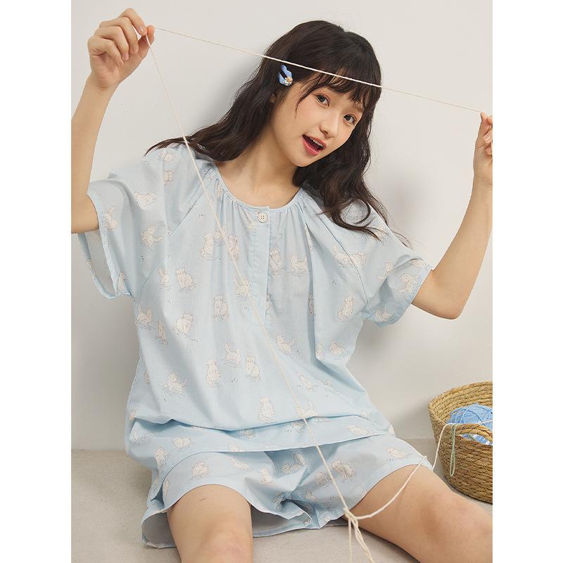 Jiangnan He 11-year summer pure cotton cartoon short-sleeved shorts set women's loungewear pajamas two-piece set