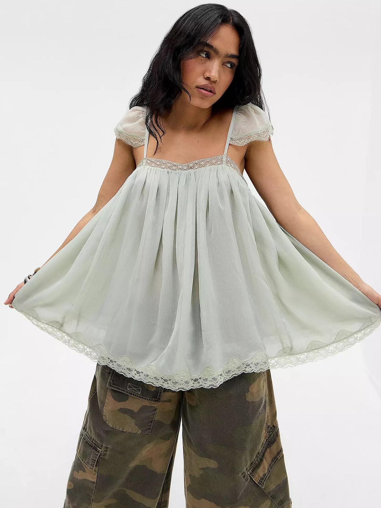 2025 Autumn Pleated Lace Camisole Top - Women s Loose Flutter Sleeve Base Layer M светло-зеленый