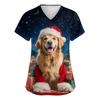 Women's V-neck Christmas printed short-sleeved pocket side-slit protective suit top