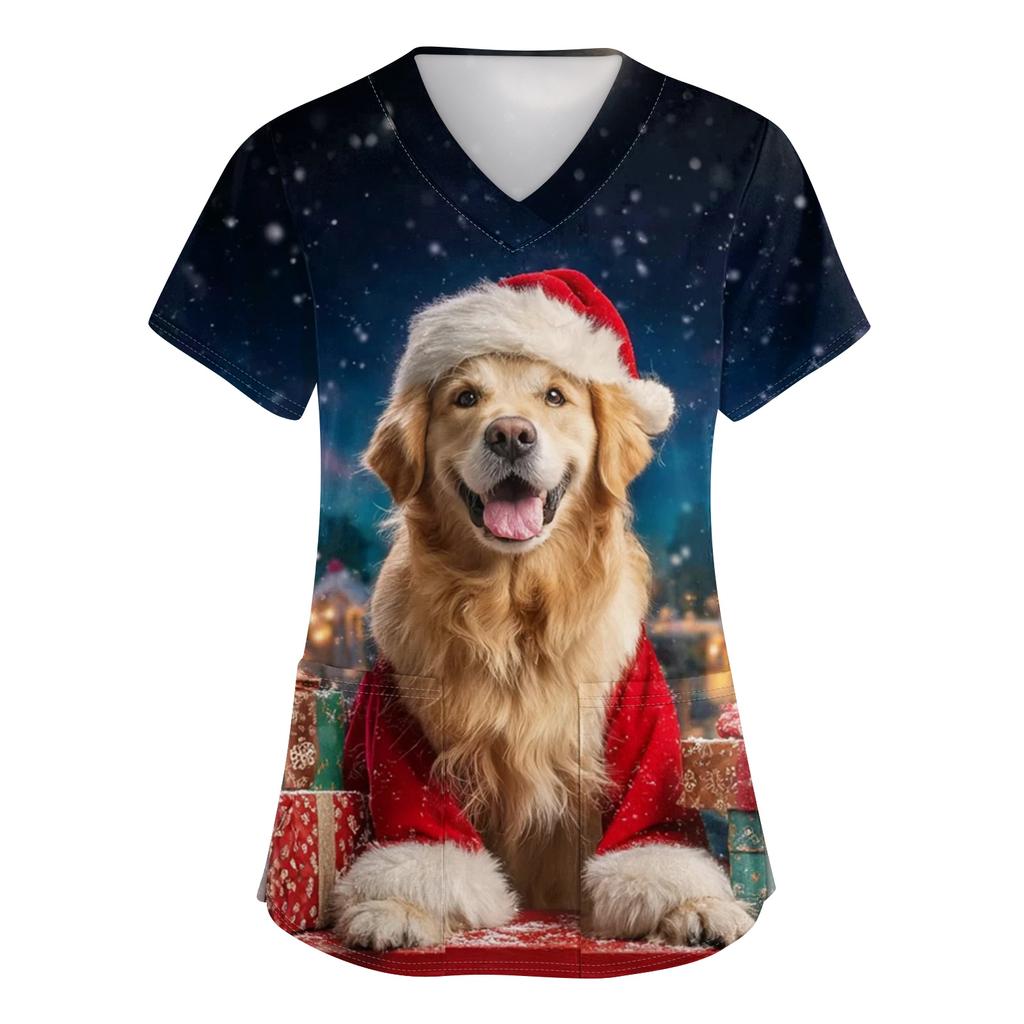 Women's V-neck Christmas printed short-sleeved pocket side-slit protective suit top