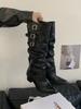 Two Belt Buckle Long Tube But Knee Long Boots Punk Pointed Western Cowboy Boots Retro Tall Knight Boots