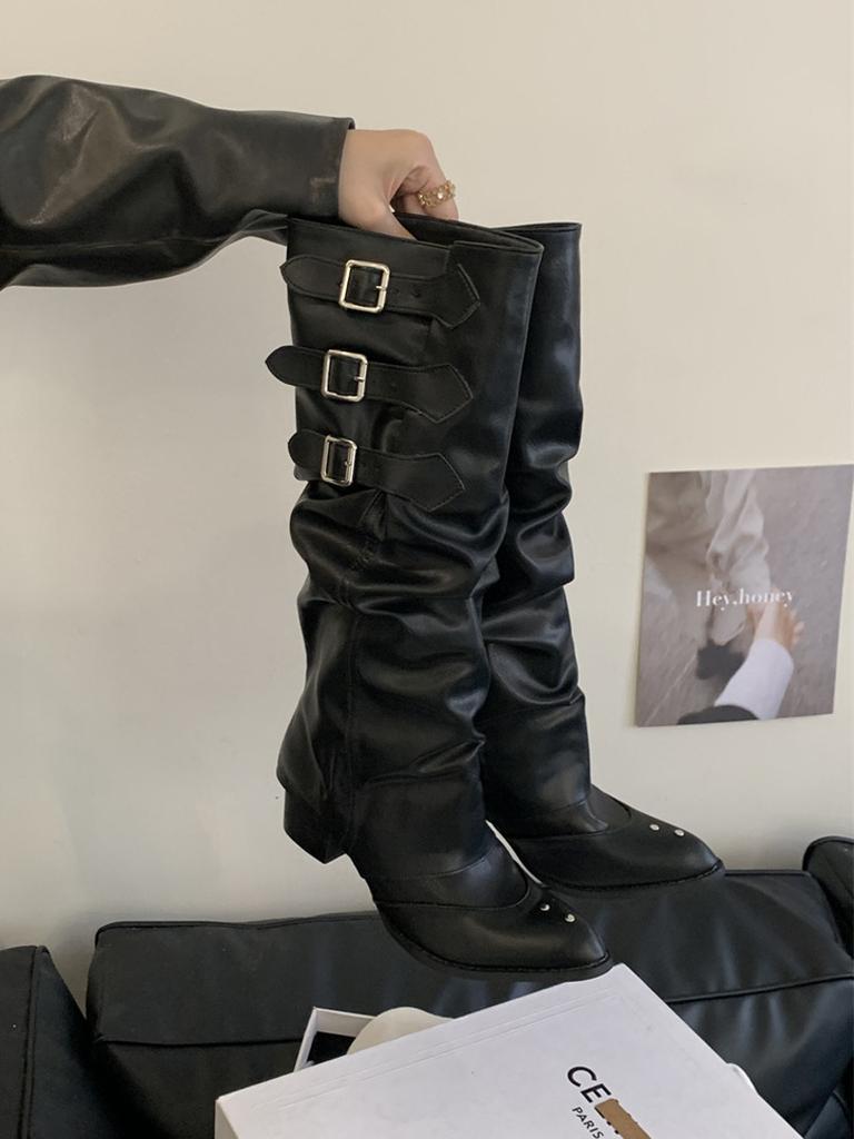 Two Belt Buckle Long Tube But Knee Long Boots Punk Pointed Western Cowboy Boots Retro Tall Knight Boots