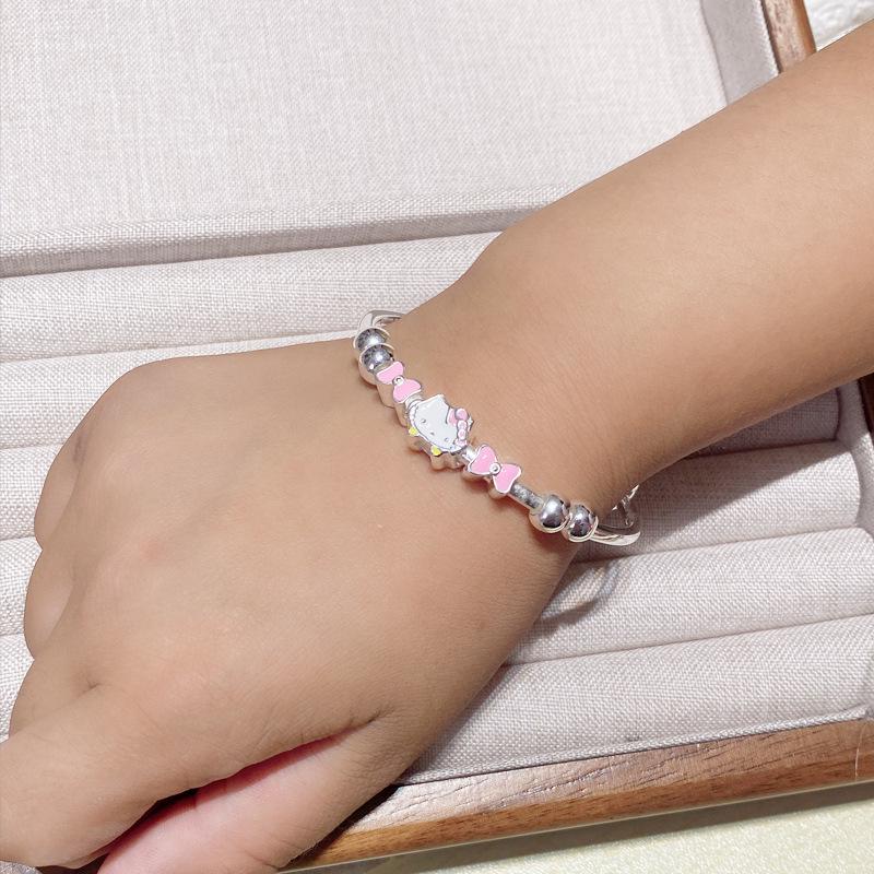 Sterling Silver Cartoon Kitten Bracelet for Girls (Ages 4-15) - Push-Pull Design