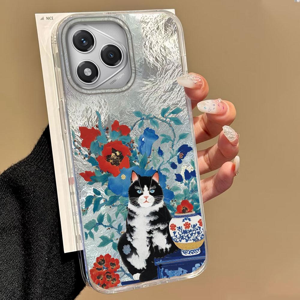 Luxury Black Cat Flower Glacier Texture Phone Case for Honor 400 200 Pro Magic7 6 5 Lite X9a X9c X8b X8a X8c Silicone Back Cover