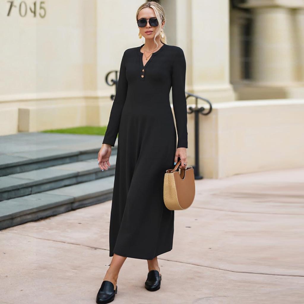 Women Solid-color Long-sleeved Comfortable Loose Dress, Elegant Dress